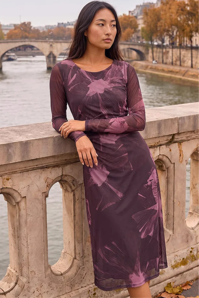 Roman Chocolate Petite Abstract Mesh Stretch Midi Dress