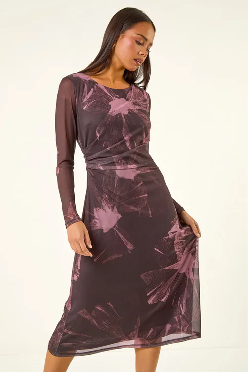 Roman Chocolate Petite Abstract Mesh Stretch Midi Dress - 12 Image 4
