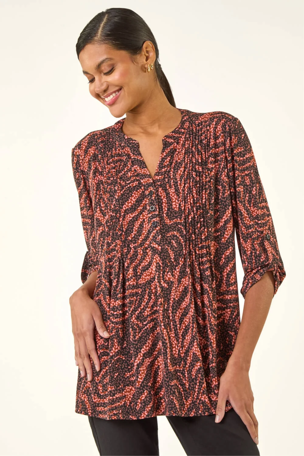 Roman Rust Animal Print Pintuck Stretch Shirt - Size 18 Image 4