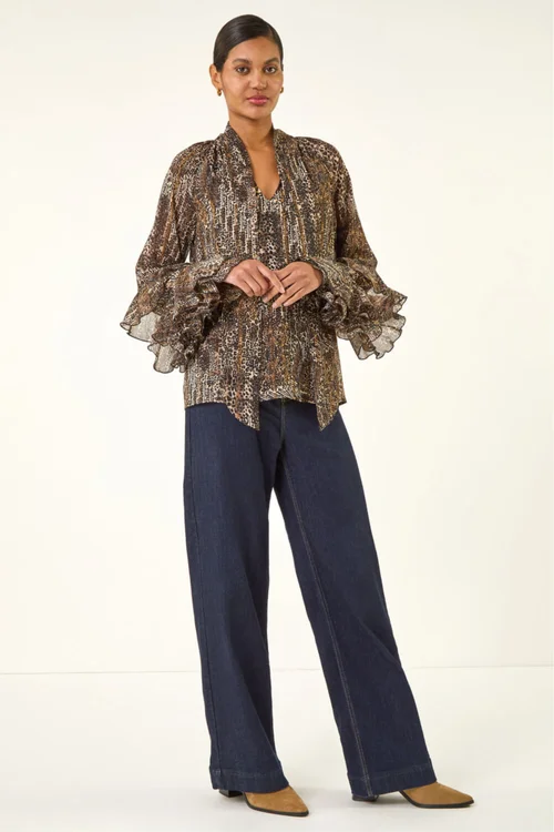 Roman Beige Animal Print Tie Front Flared Top - 12 Image 3