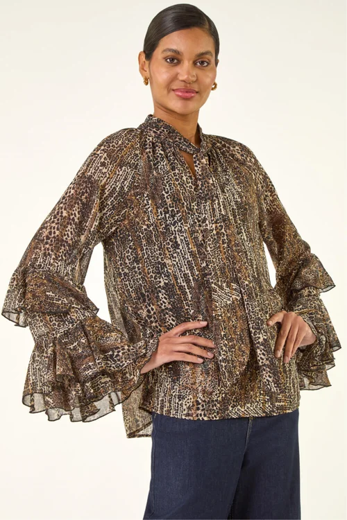 Roman Beige Animal Print Tie Front Flared Top - 12 Image 1