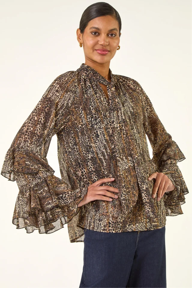 Roman Beige Animal Print Tie Front Flared Top