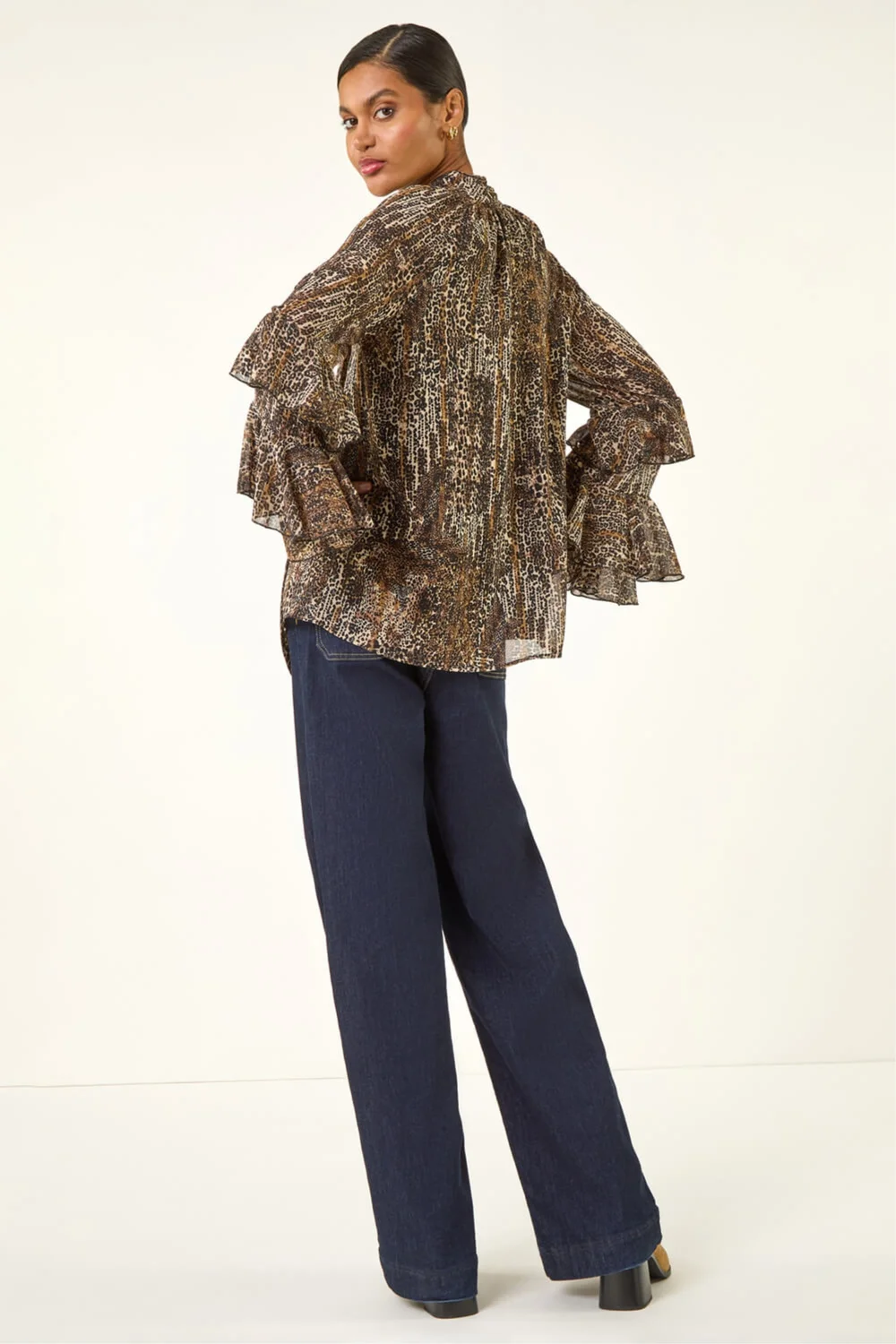 Roman Beige Animal Print Tie Front Flared Top - 12 Image 4