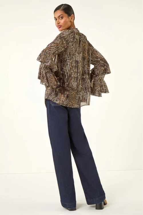 Roman Beige Animal Print Tie Front Flared Top - 12 Image 4