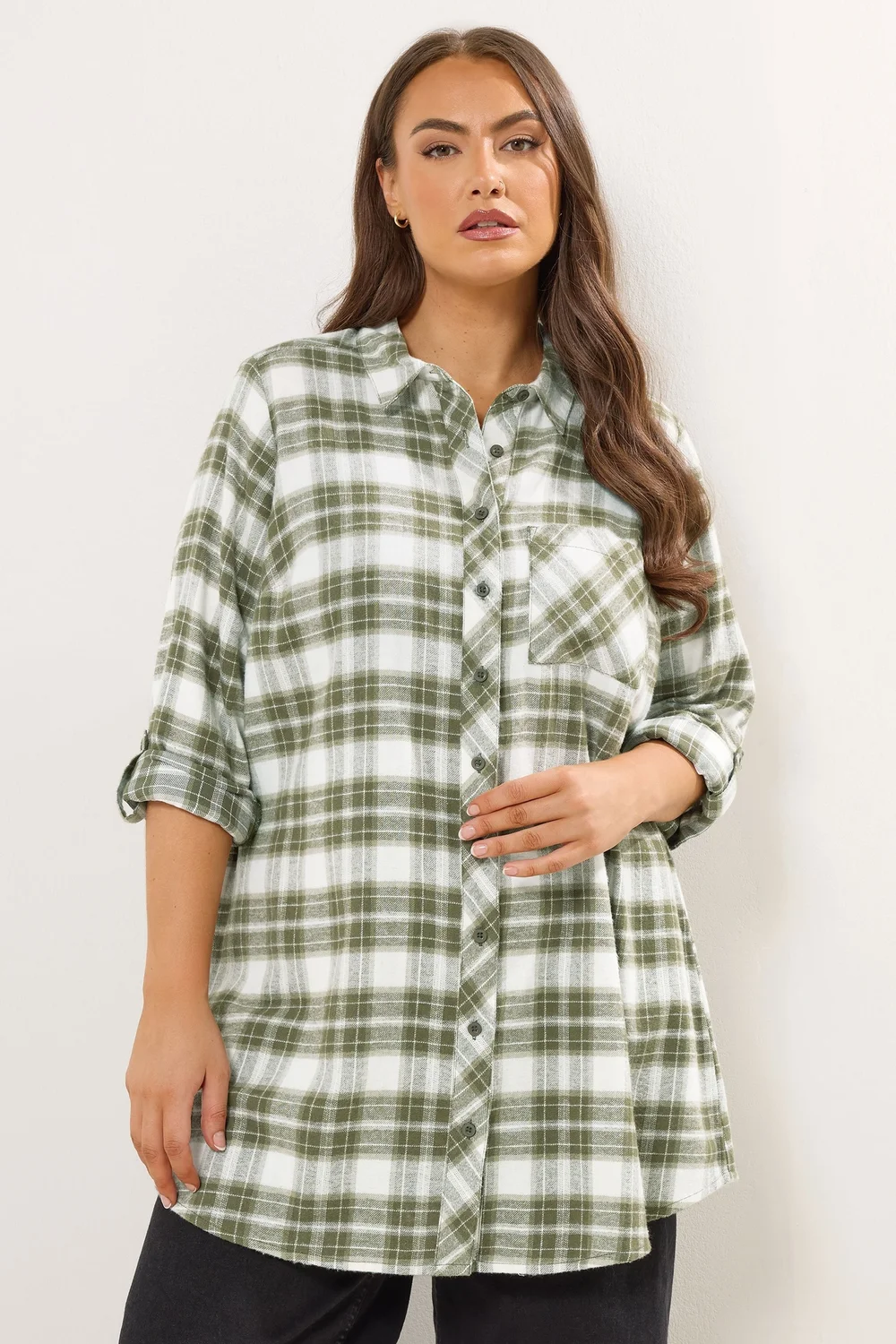 Yours Curve Khaki Green Check Boyfriend Shirt - 20 Image 1