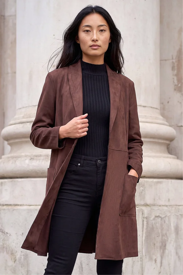 Roman Chocolate Petite Faux Suede Pocket Jacket
