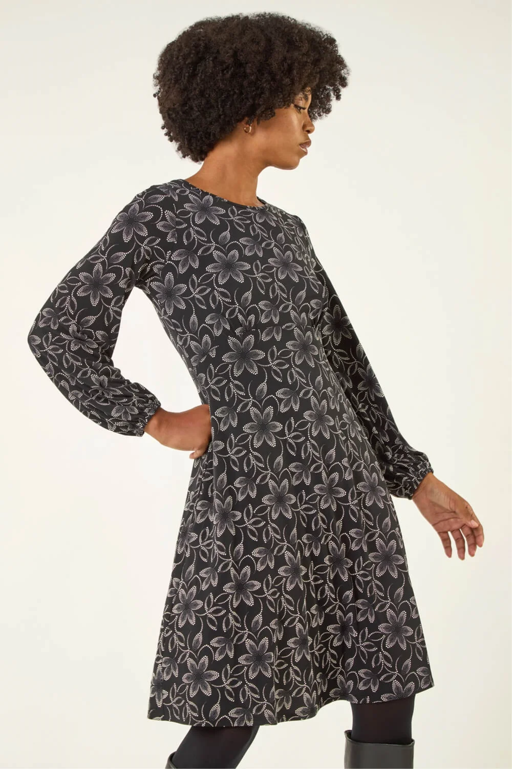 Roman Black Floral Print Frill Stretch Dress - 10 Image 2