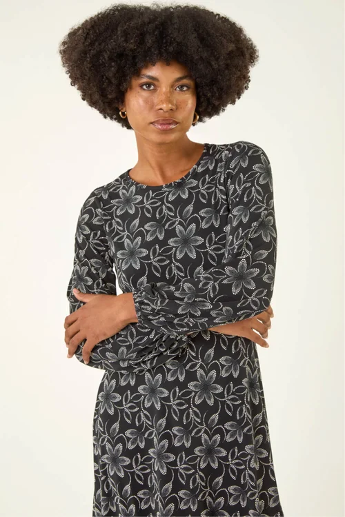 Roman Black Floral Print Frill Stretch Dress - 10 Image 4