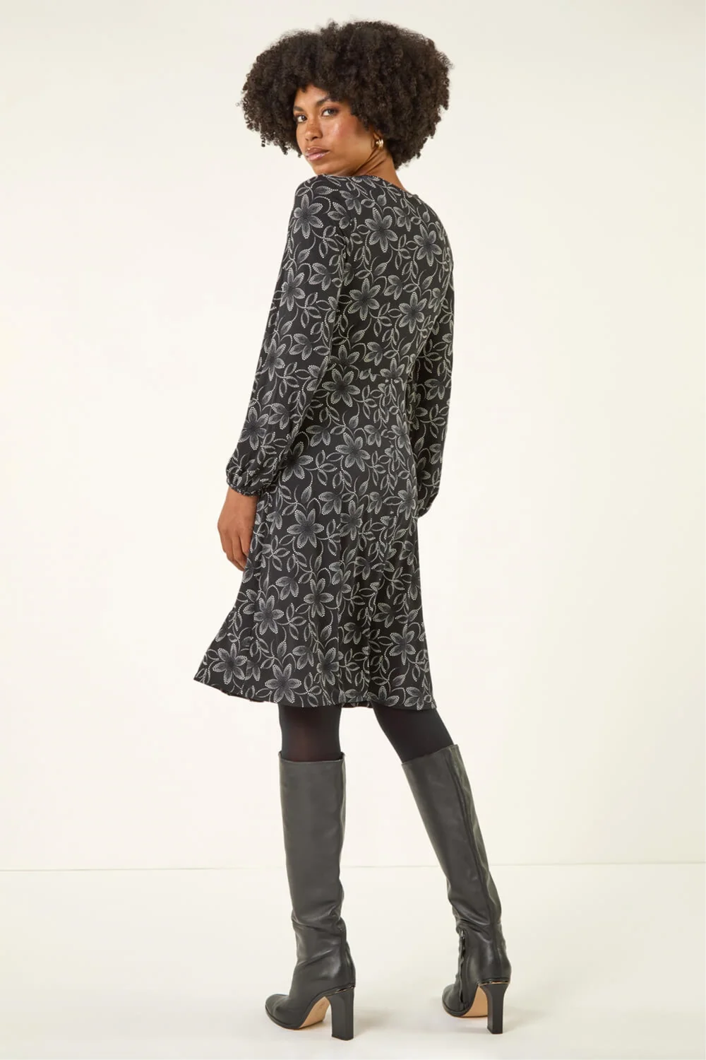 Roman Black Floral Print Frill Stretch Dress - 10 Image 3