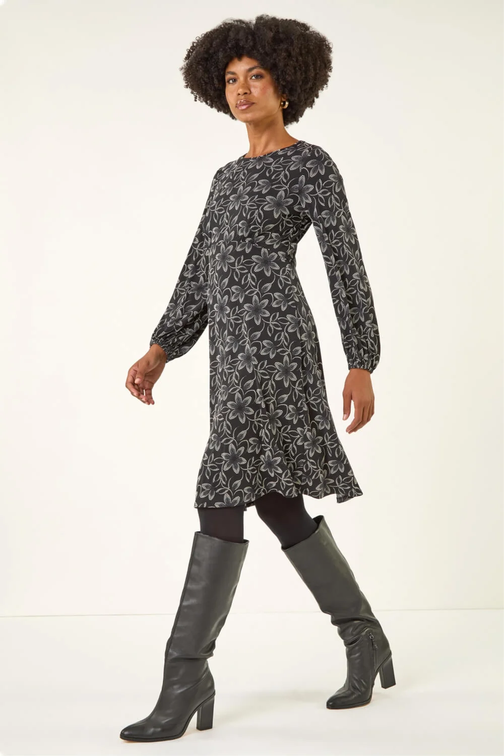 Roman Black Floral Print Frill Stretch Dress - 10 Image 1