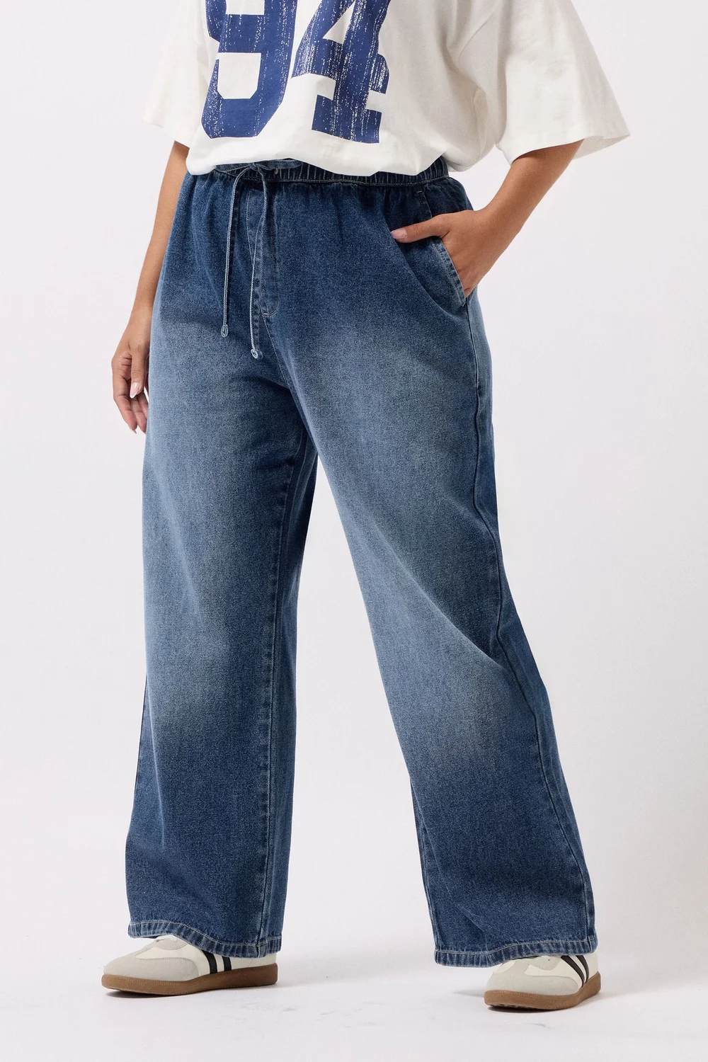 Yours Curve Blue Drawstring Wide Leg Jeans - 26 Image 1