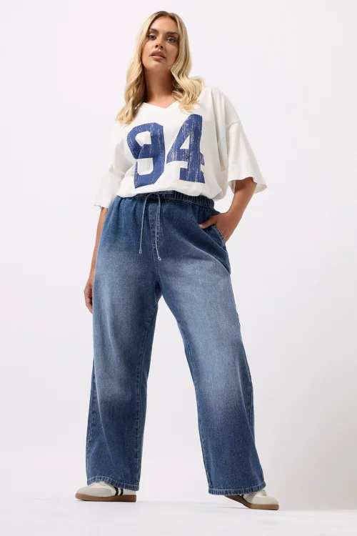 Yours Curve Blue Drawstring Wide Leg Jeans - 26 Image 2