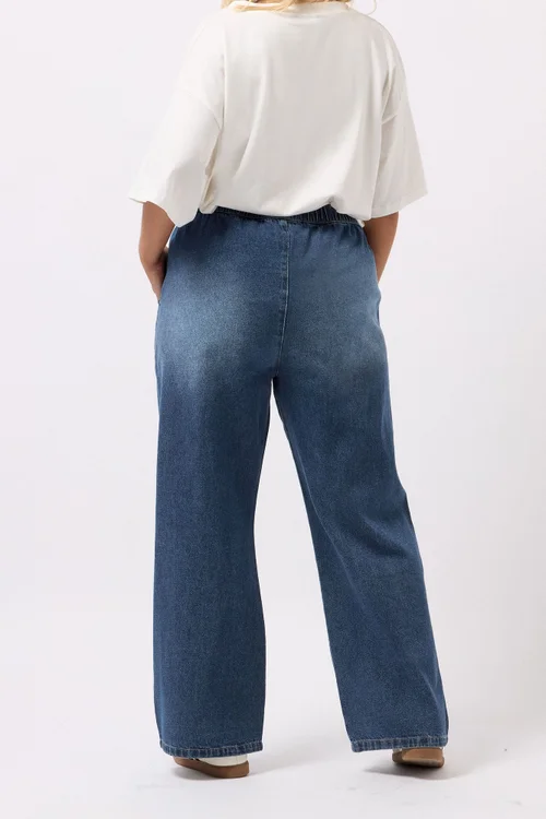 Yours Curve Blue Drawstring Wide Leg Jeans - 26 Image 3