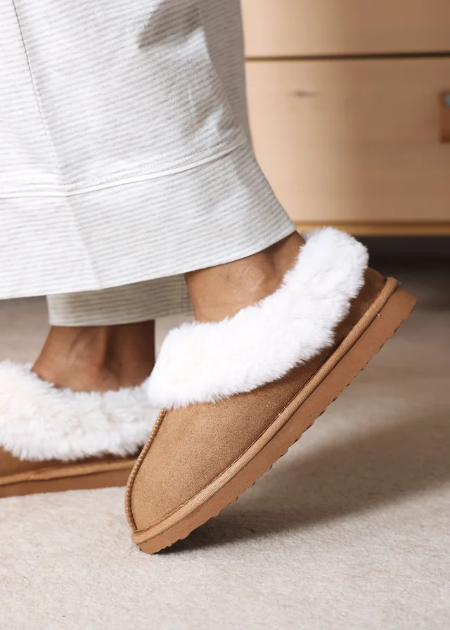 Wheres That From Danica Camel Mule Slippers With Faux Fur