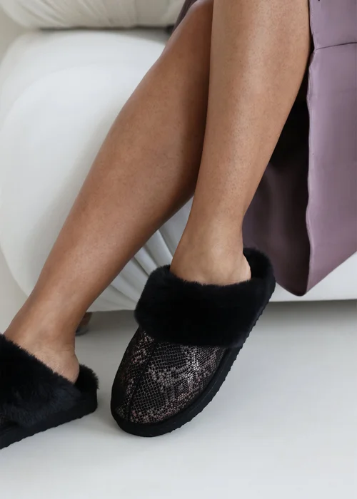 Where's That From Flora GunMetal Black Snake Print Mule Slippers - 3 Image 1
