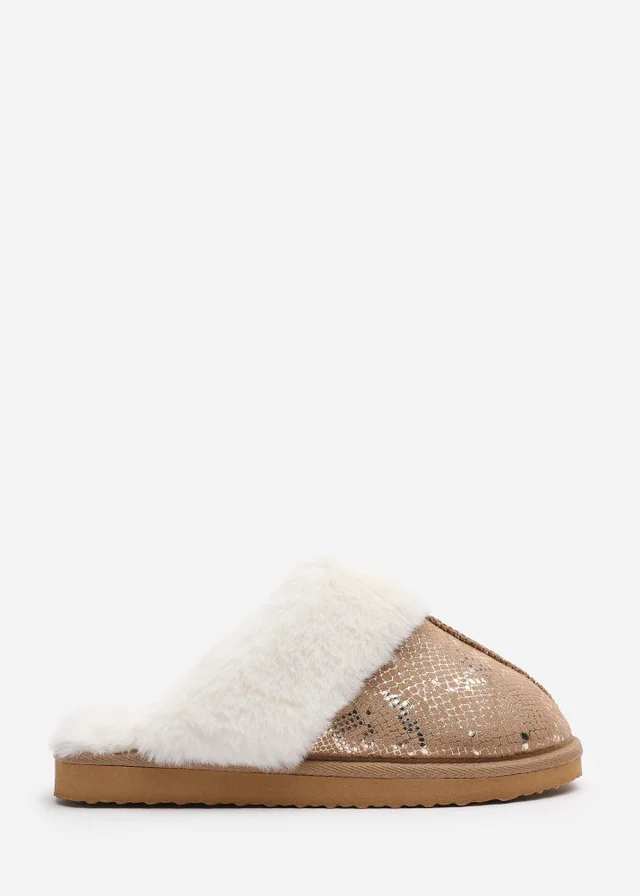 Where's That From Flora Gold Camel Snake Print Mule Slippers