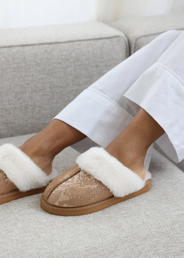 Where's That From Flora Gold Camel Snake Print Mule Slippers