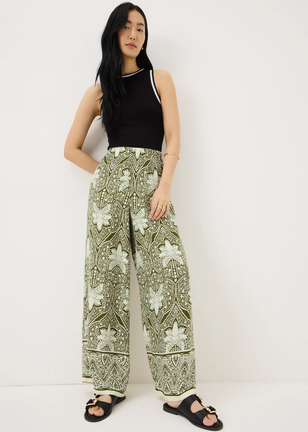 Khaki Palm Print Wide Leg Co Ord Trousers - 8/L29 Image 1