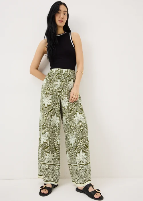 Khaki Palm Print Wide Leg Co Ord Trousers - 8/L29 Image 1