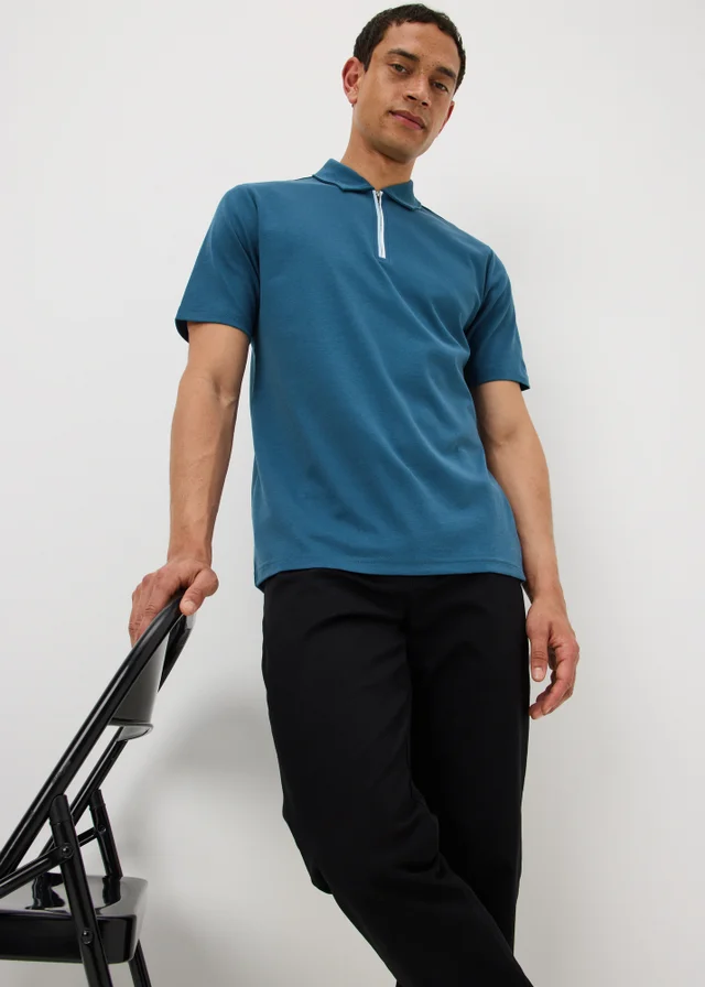 Blue Smart Soft Touch Cotton Zip Polo Shirt