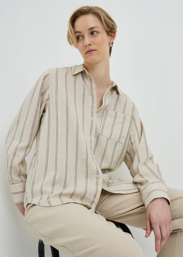 Oatmeal Stripe Linen Blend Co Ord Shirt
