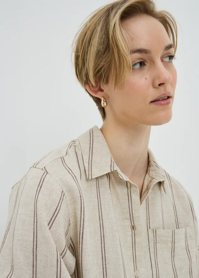 Oatmeal Stripe Linen Blend Co Ord Shirt