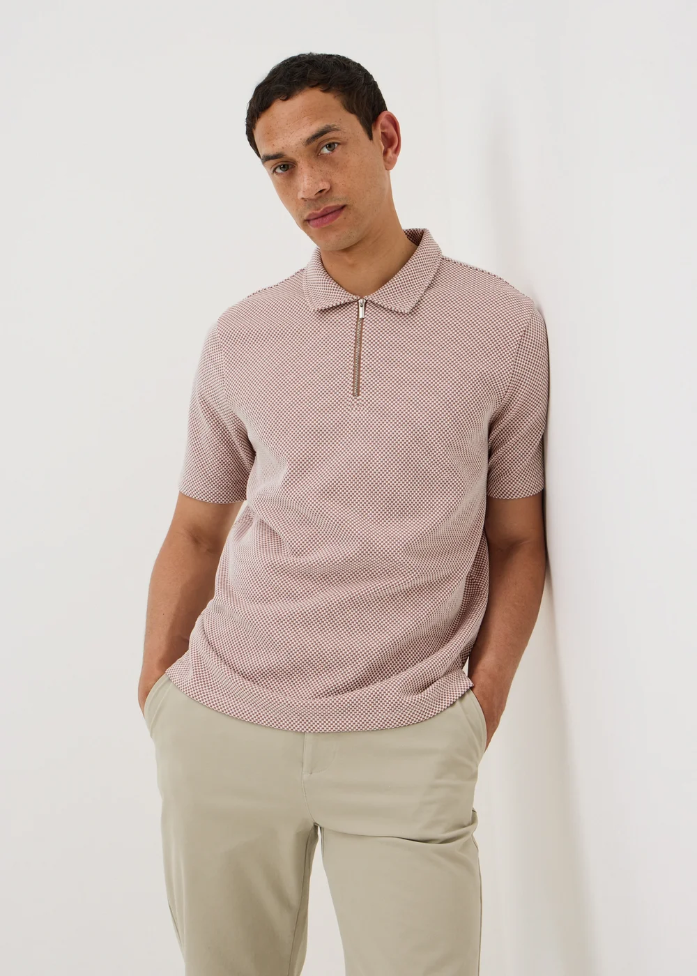 Brown Checkerboard Textured Polo Shirt - S Image 1