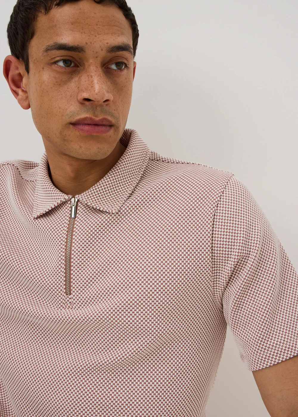 Brown Checkerboard Textured Polo Shirt - S Image 3