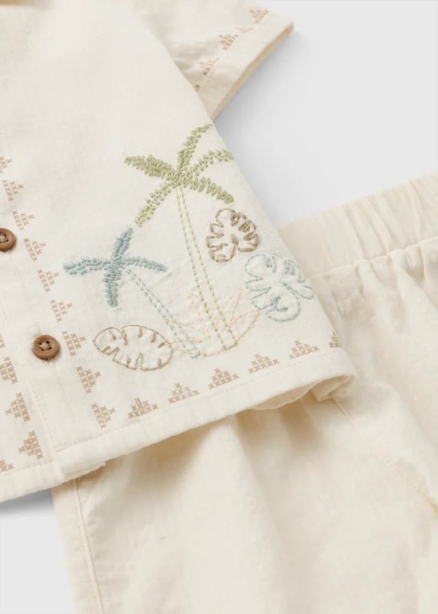 Baby Cream Embroidered Island Shirt & Short Set (0-23mths)