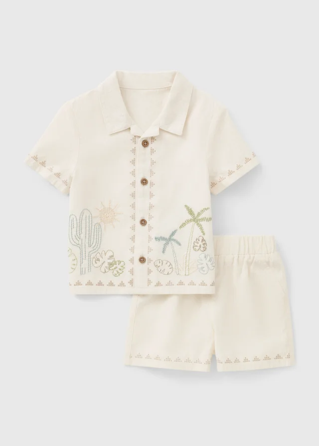 Baby Cream Embroidered Island Shirt & Short Set (0-23mths)