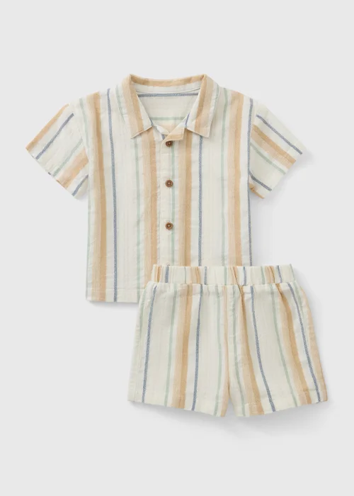 Baby Cream Woven Stripe Shirt & Short Set (Newborn-23mths) - Up to 1 Month Image 1