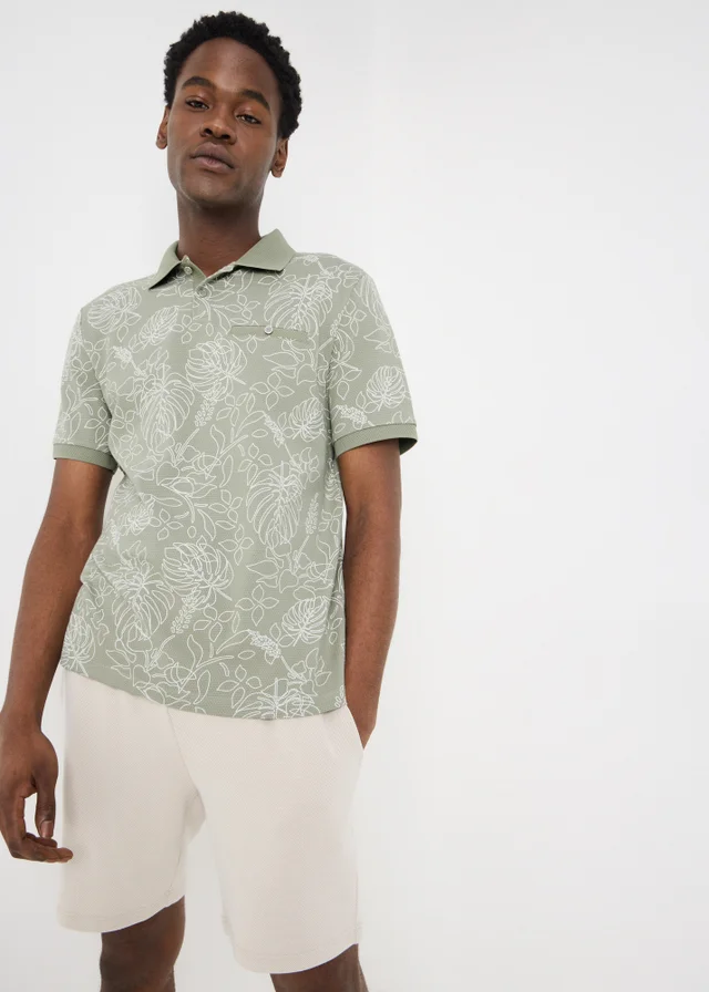 Khaki Floral Popcorn Textured Polo Shirt