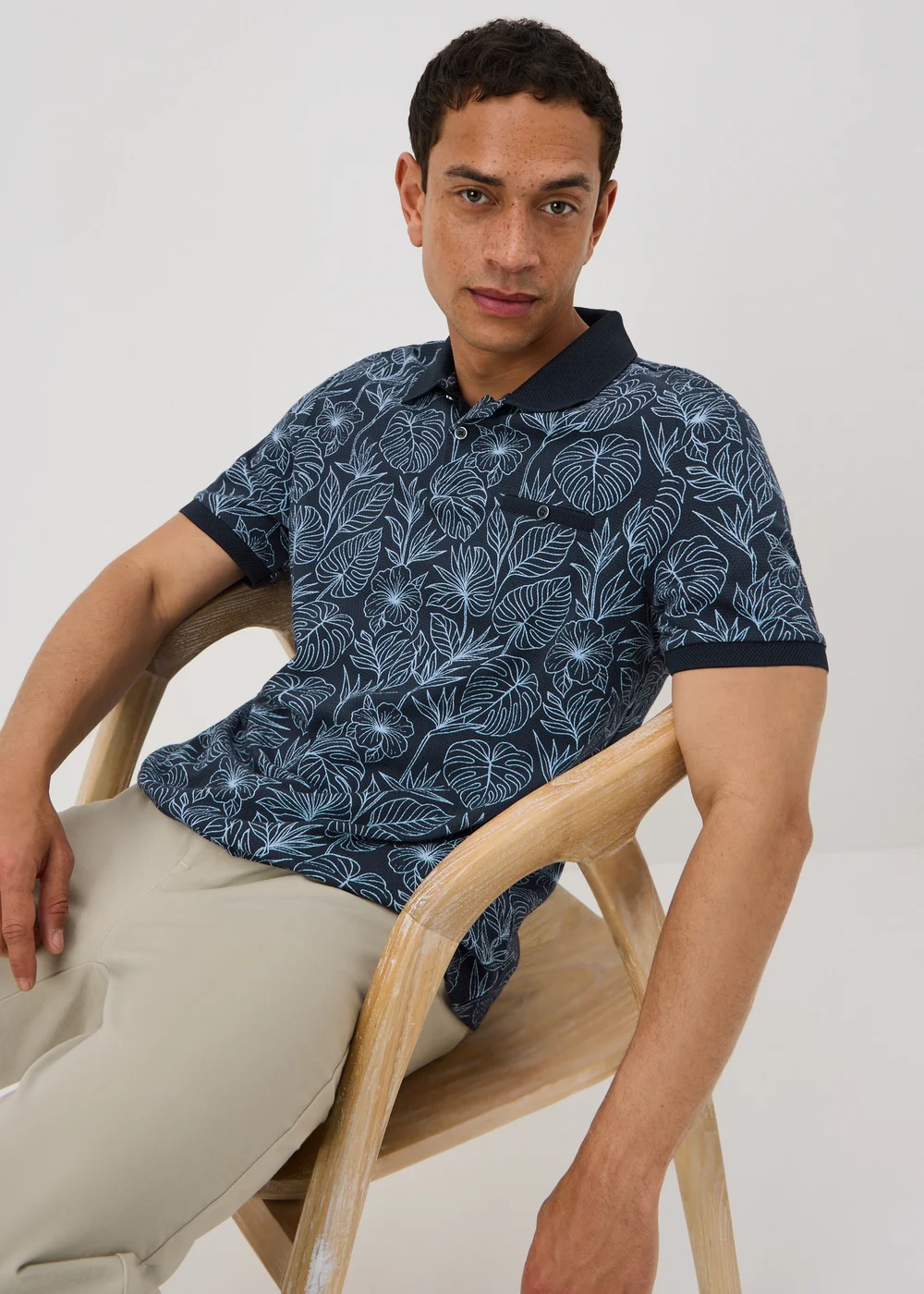 Navy Tropical Floral Textured Polo Shirt - S Image 1