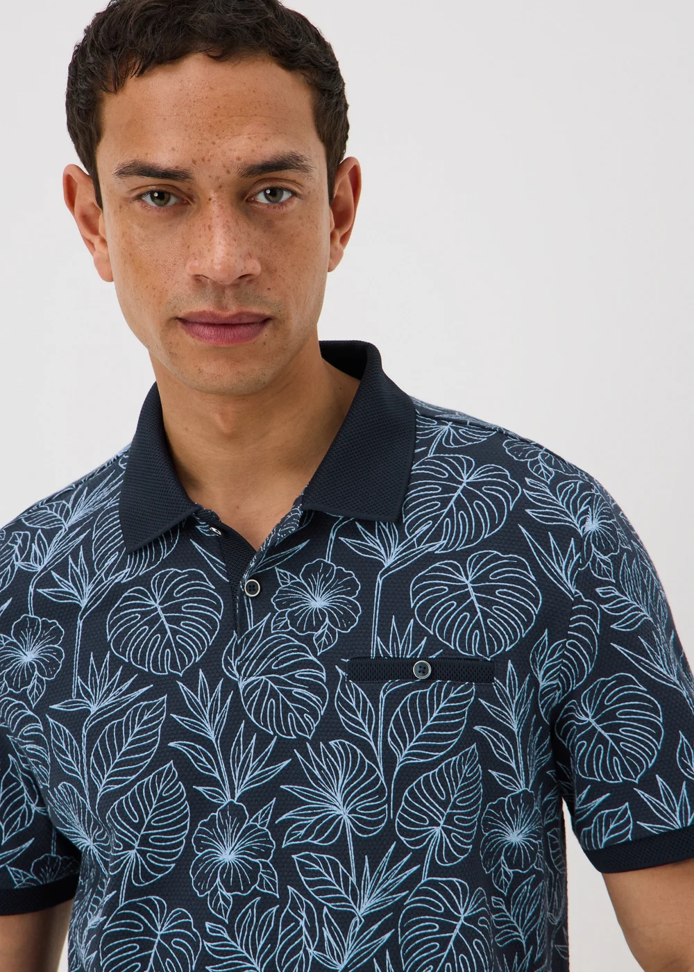Navy Tropical Floral Textured Polo Shirt - S Image 3
