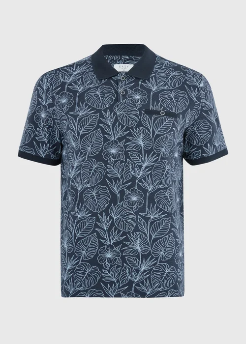 Navy Tropical Floral Textured Polo Shirt - S Image 4