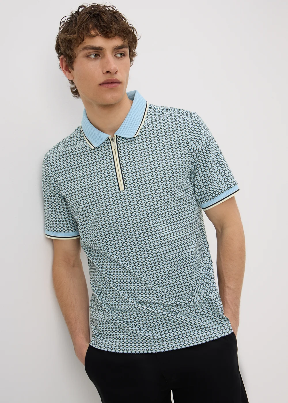 Mint Tile Print Zip Polo Shirt - L Image 1