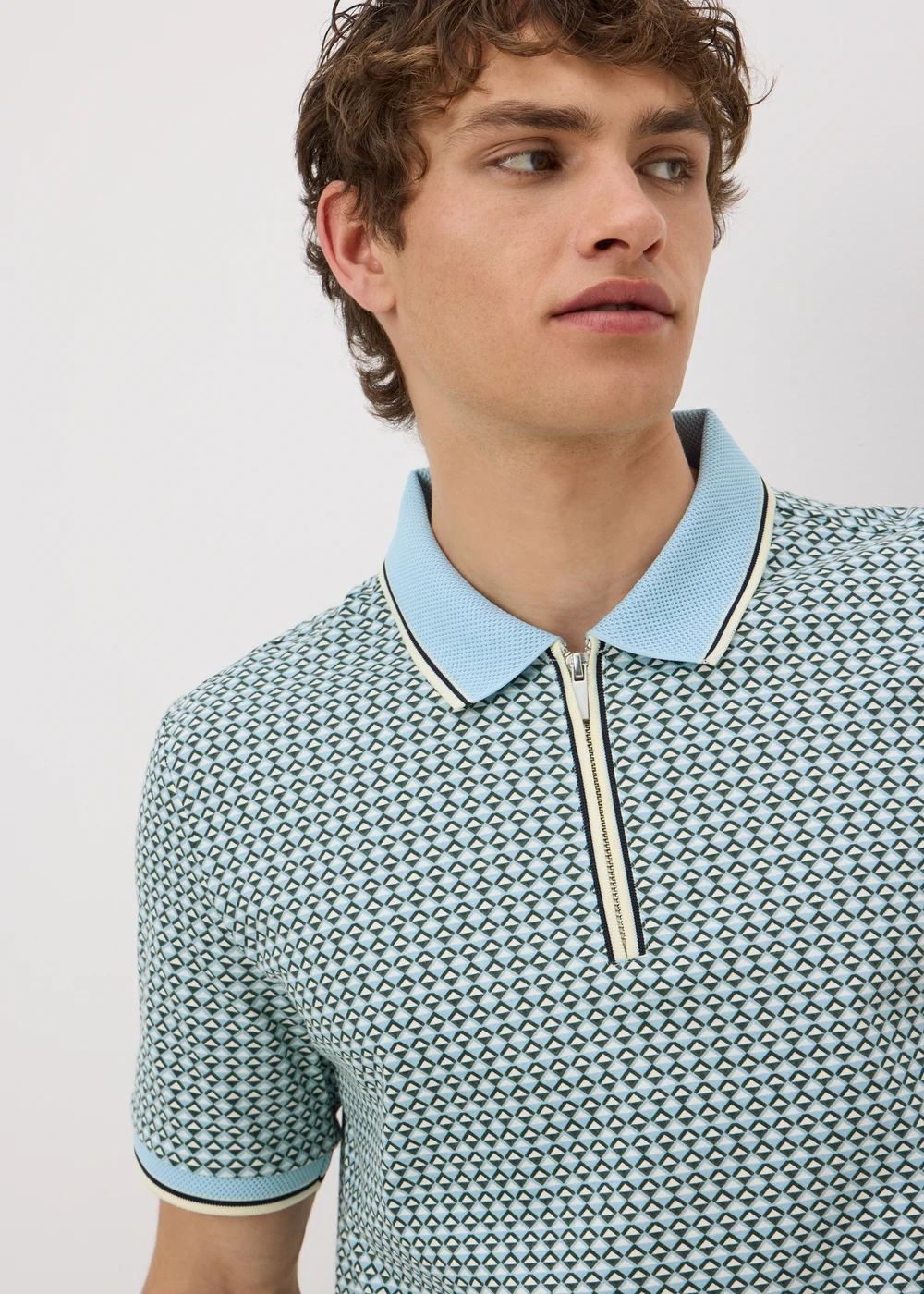 Mint Tile Print Zip Polo Shirt - L Image 3