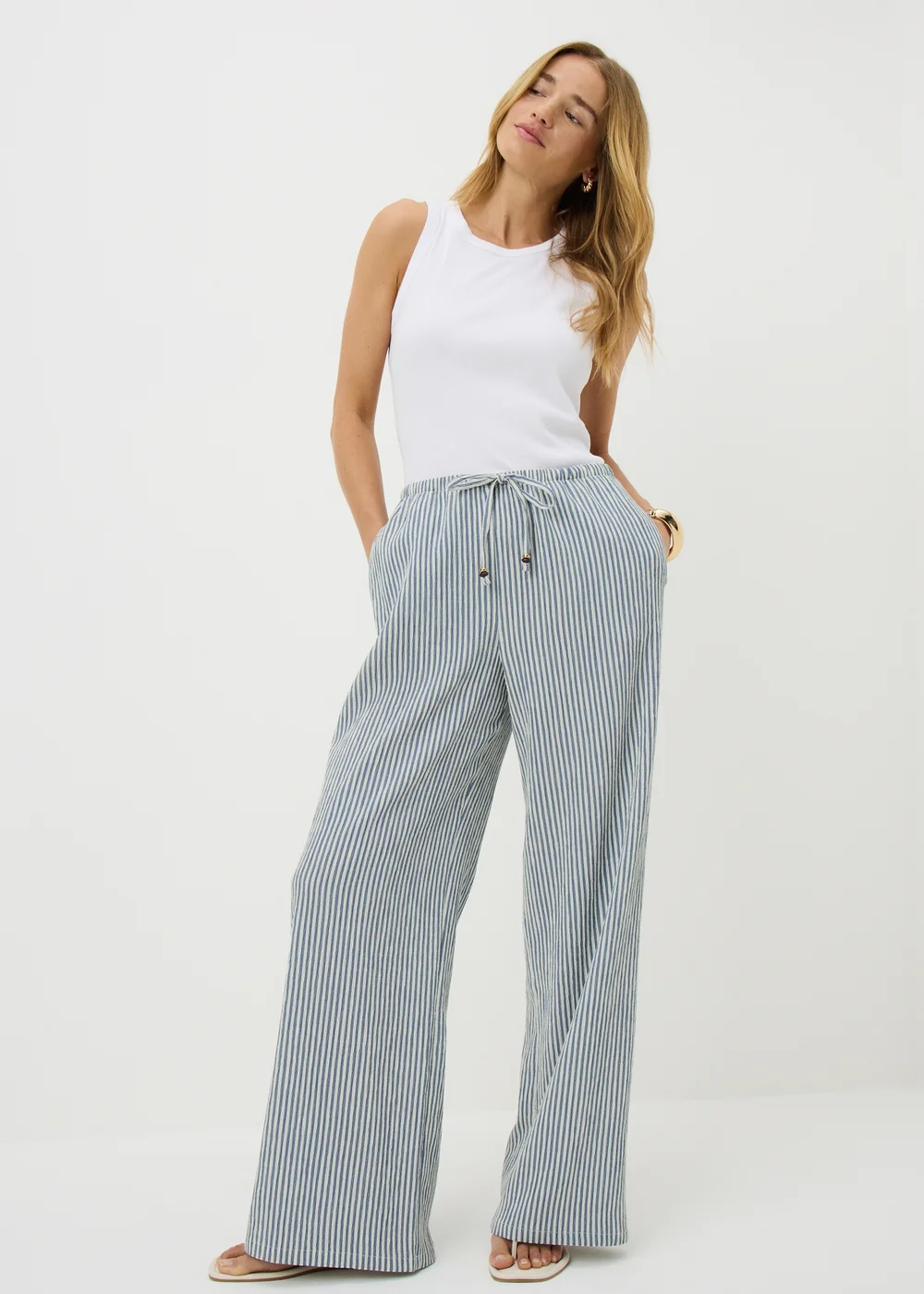 Blue Stripe Seersucker Wide Leg Trousers - 8 R Image 1