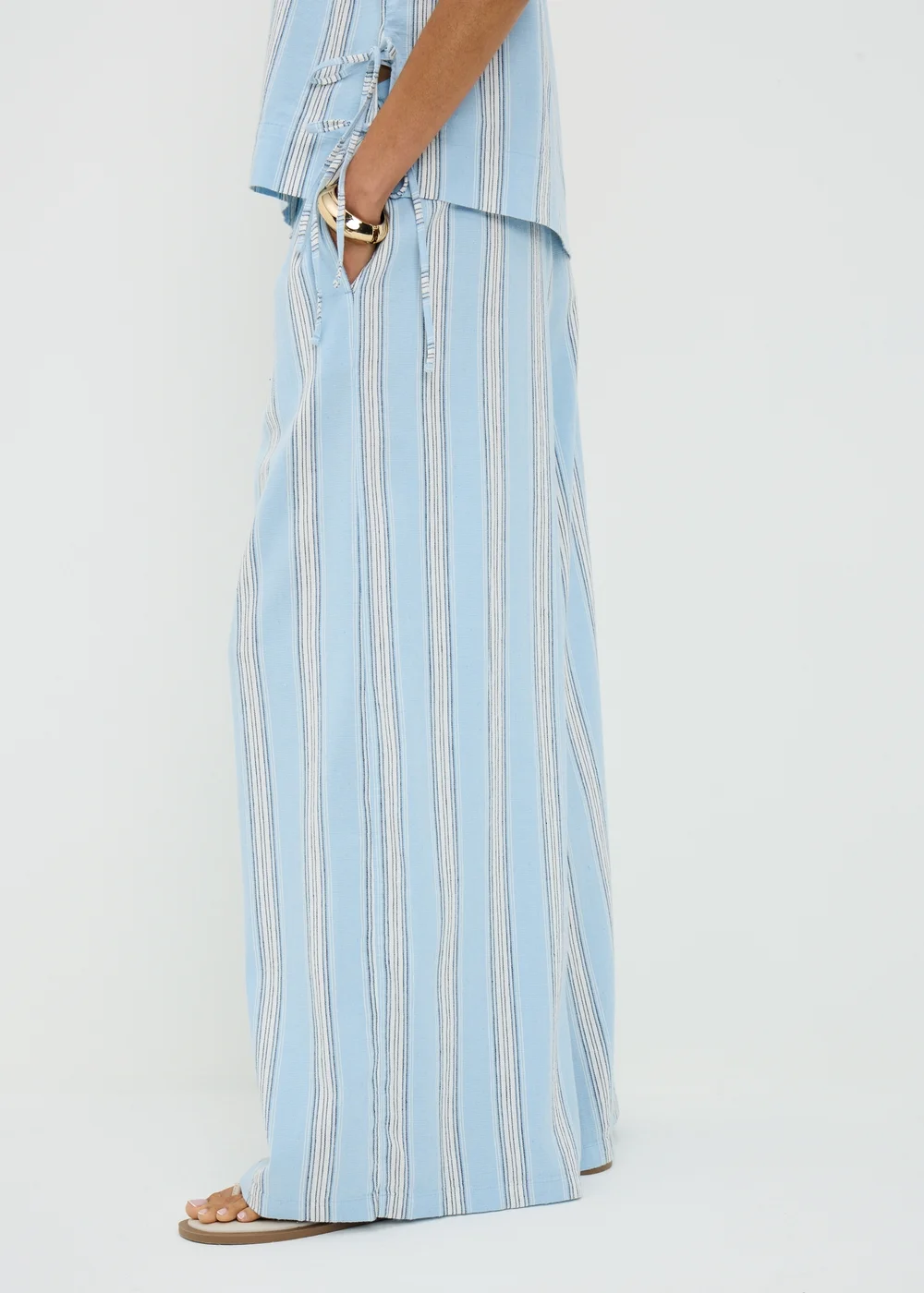 Blue Stripe Linen Blend Wide Leg Co Ord Trousers - 22 S Image 2