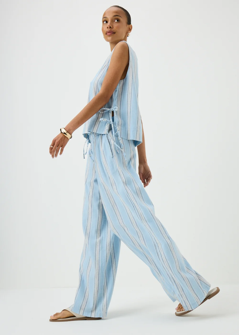 Blue Stripe Linen Blend Wide Leg Co Ord Trousers - 22 S Image 1