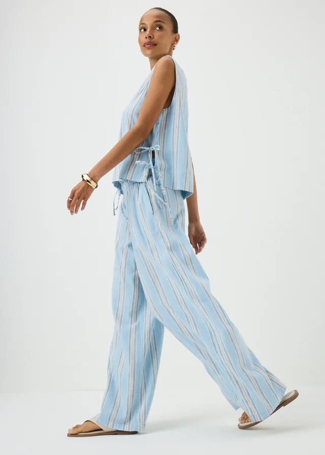 Blue Stripe Linen Blend Wide Leg Co Ord Trousers