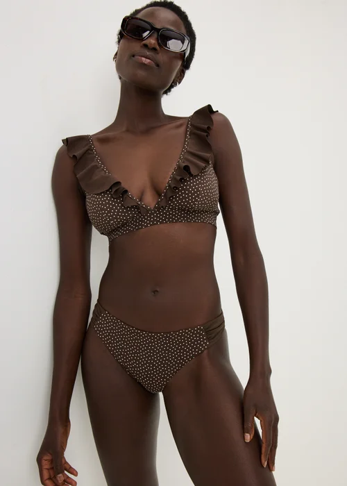 Chocolate Brown Polka Dot Frill Bikini Top - 6 Image 1