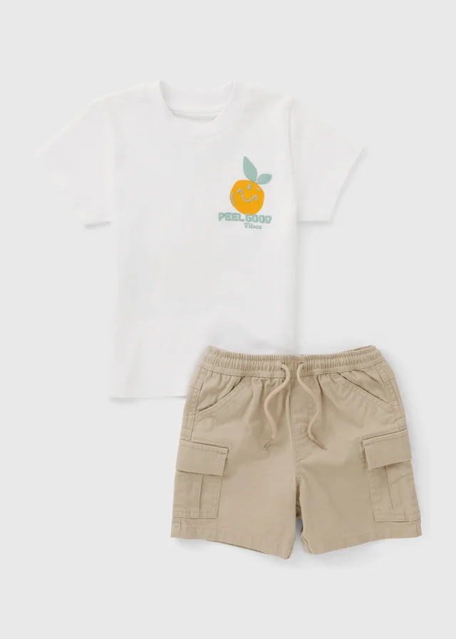 Boys White Orange Graphic Top & Cargo Shorts (1-7yrs)