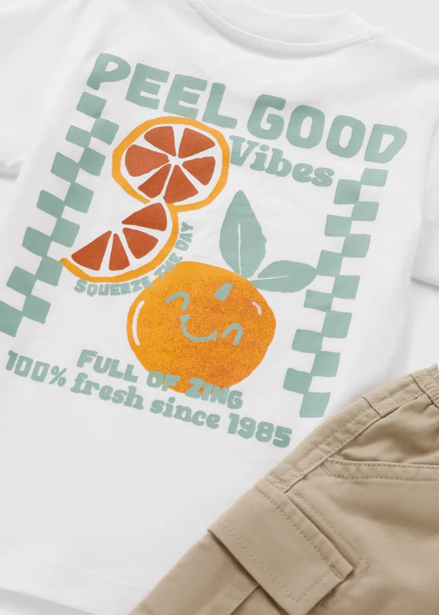 Boys White Orange Graphic Top & Cargo Shorts (1-7yrs)