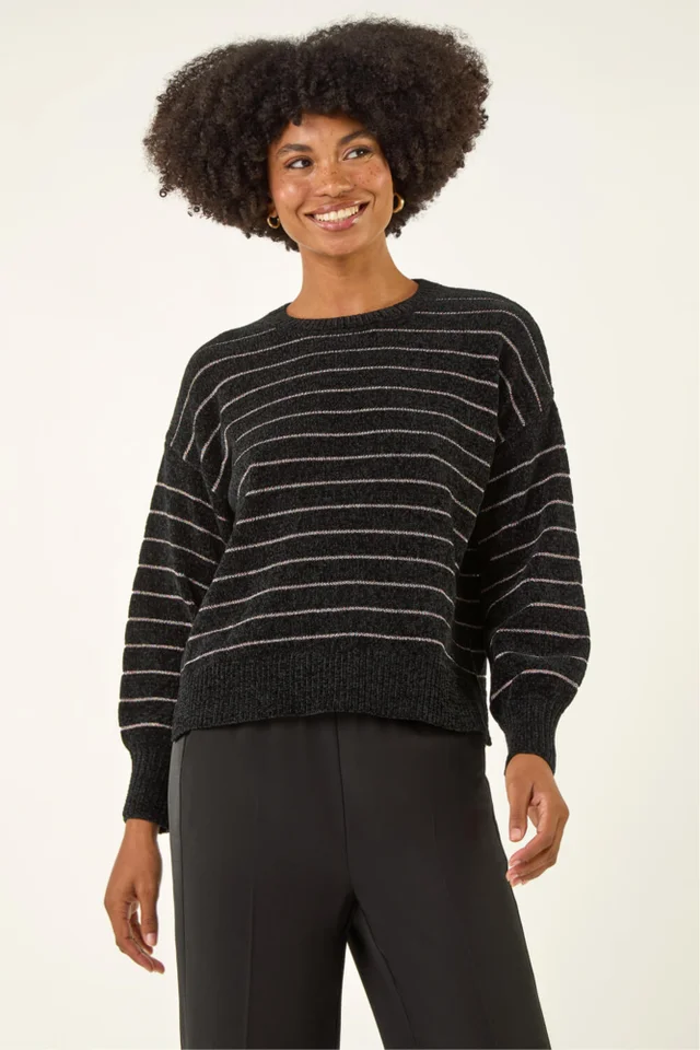 Roman Black Fluffy Stripe Knit Jumper