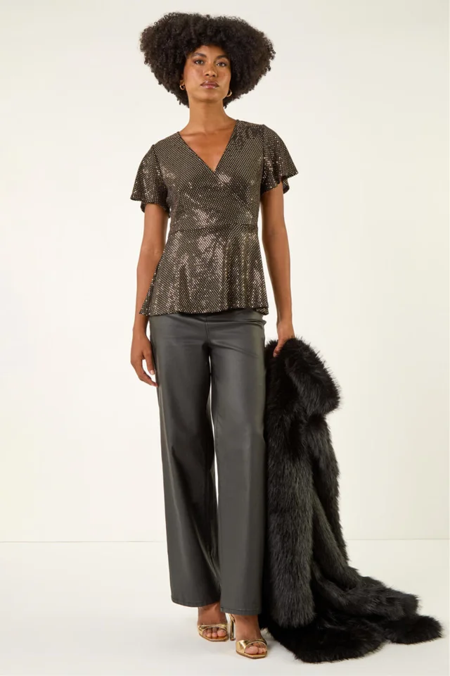 Roman Bronze Sparkly Wrap Front Tunic Top