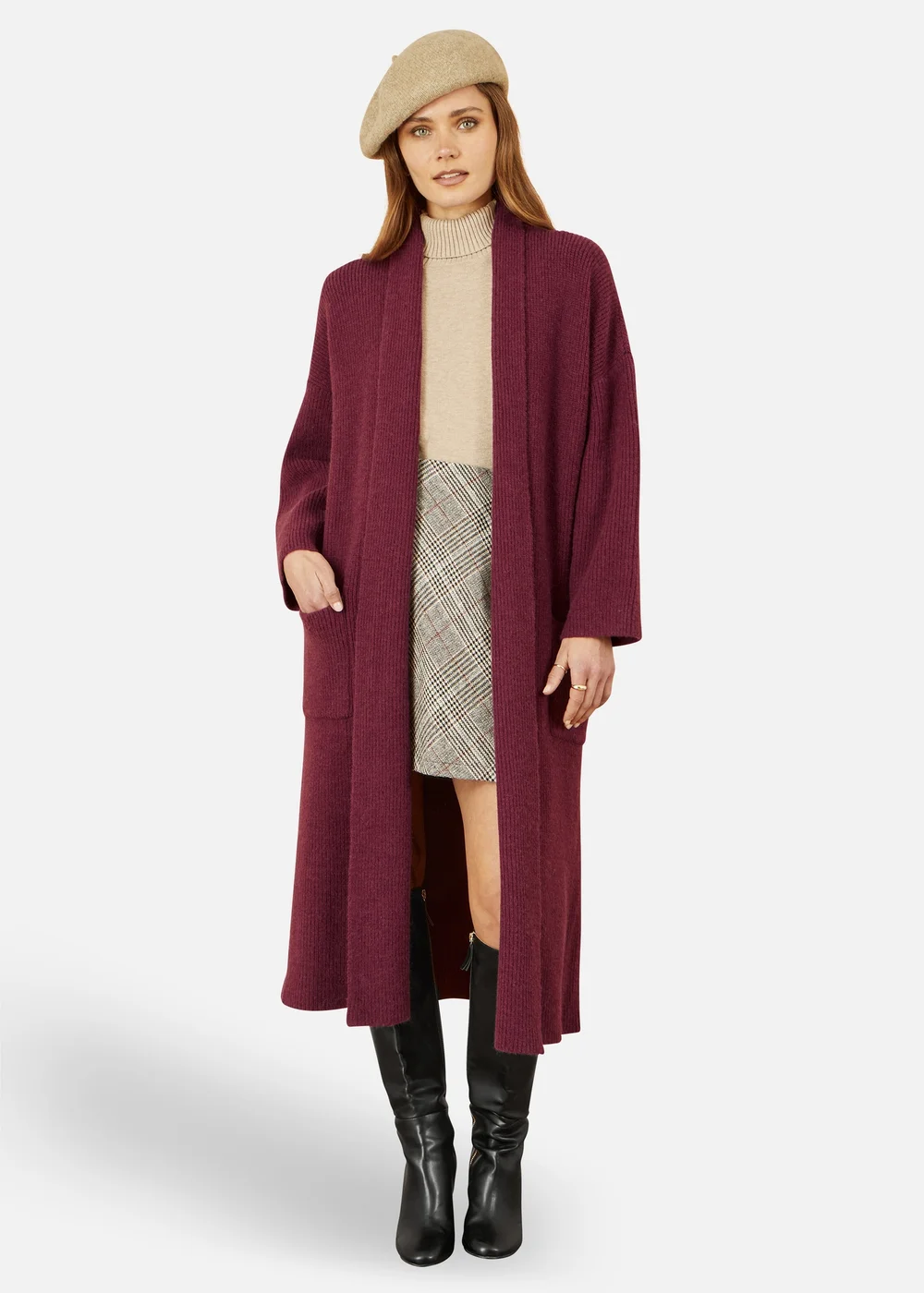 Yumi Burgundy Knitted Maxi Cardigan With Pockets - M Image 1