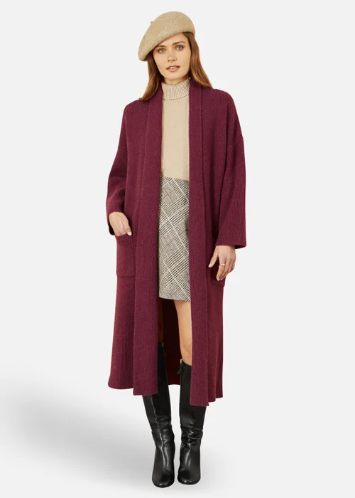 Yumi Burgundy Knitted Maxi Cardigan With Pockets - M Image 1