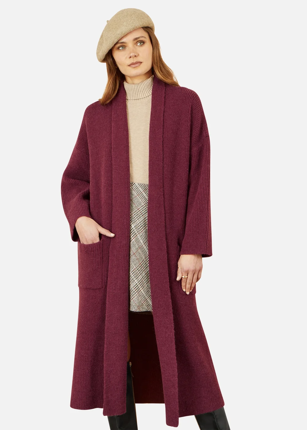 Yumi Burgundy Knitted Maxi Cardigan With Pockets - M Image 2