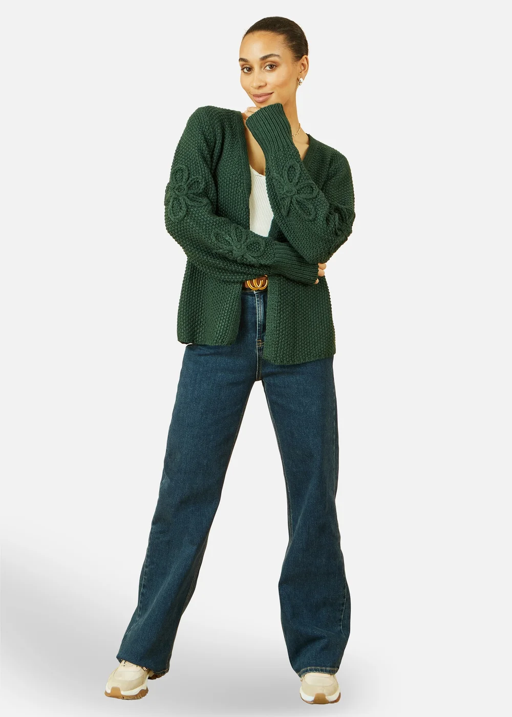 Yumi Green Edge to Edge Cardigan With Flower Detail Sleeves - L Image 1